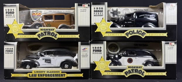 Diecast Metal Highway Patrol Police Cars Four cars in original boxes. Boxes may have been previously