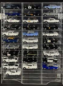 1950s Diecast Police Cars Collection 1/43 Scale 31 cars by Road Champs in acrylic mirror backed