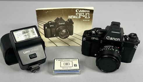 Canon F1 Camera Lot Set of 3 Canon F-1 24mm camera with original manual. Canon speedlight 188A