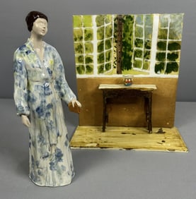 Ceramic Asian Figurine Goldfish Bowl Set PM Doll figurine collection, made in Kalamazoo Michigan.