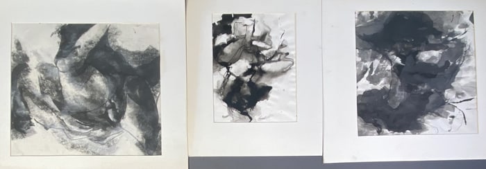 Original Black Abstract Watercolor Paintings Three paintings in white mats, two are signed Farrell.