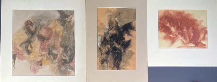 Orange & Black Original Artwork Set of Three Abstract pictures made with pastel crayon, pen & ink,