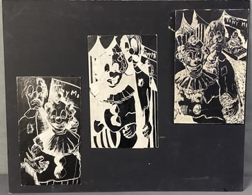 Original Clown Scratch Pad Art Triptych of clown pictures in black and white attached to piece of