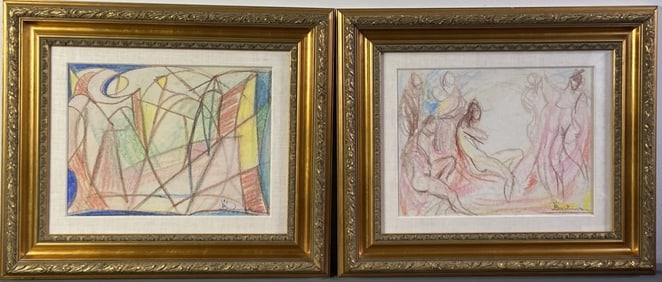 2 Pastel Crayon Drawings by Bertalan Bodnar Ladies and Crayons both by Hungarian artist Bertalan
