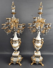 Italian Brevettato Marble Gold Tone Candelabras Ornate candlestick holders. Measures 27 inches tall.