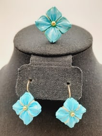 14K Gold M&M Amedeo Turquoise Earrings & Ring Ring is size 8.75. Lot weighs 11.8 grams.