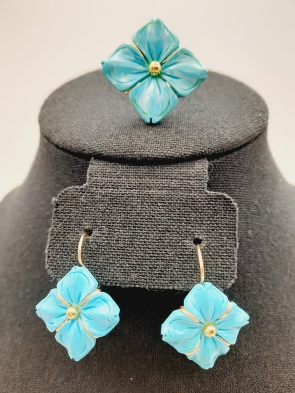 14K  Gold M&M Amedeo Turquoise Earrings & Ring Ring is size 8.75. Lot weighs 11.8 grams. (1 of 9)