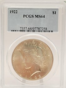 1922 Liberty Peace Silver Dollar PCGS MS64 Lot weighs 55.6 grams. Silver content is 90%.