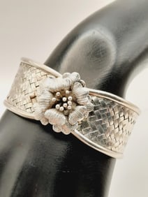 925 Sterling Flower Basket Weave Cuff Bracelet Weighs 33.4 grams