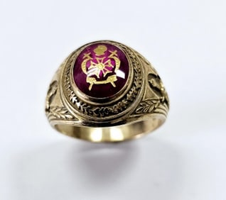 10K Yellow Gold DeMolay Masonic Ring Ring weighs 2.4 Grams Size 11 Ruby Colored Stone