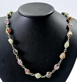 Gold Tone Wire Cage Wrapped Gemstone Necklace Necklace weighs 46.5 Grams Measures 34"