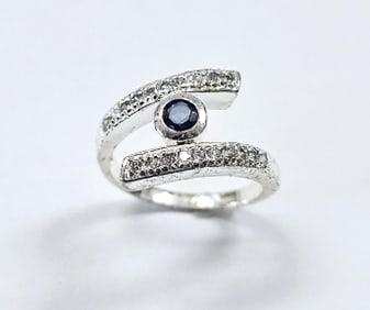 Sterling Silver Created Sapphire & CZ Ring Ring weighs 4.1 Grams Size 7