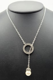 Sterling Silver Marcasite & Faux Pearl Necklace Necklace Measures 24" Necklace Weighs 11.4 Grams