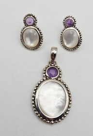 Whitney Kelly Sterling Amethyst and MOP Set Pendant Weighs 12.3 Grams Earrings Weigh 7.1 Grams