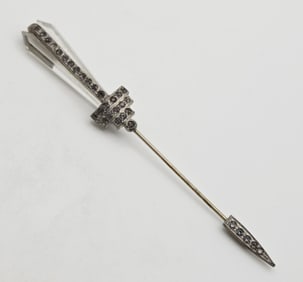 Vintage Art Deco Silver Tone Rhinestone Hat Pin Handle is Glass