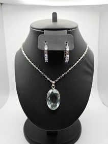 Sterling Aquamarine and Crystal Necklace & Earring Necklace Measures 29"