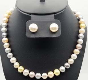 Honora Sterling Multi Color Pearl Necklace Earring Necklace Measures 18"