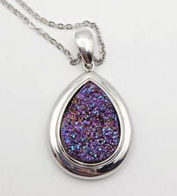 Sterling Teardrop Peacock Druzy Stone Necklace Necklace Measures 20" Necklace Weighs 19.3 Grams
