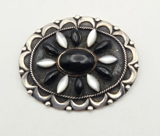 Vintage Sterling Onyx Mother of Pearl Brooch Brooch Weighs 17 Grams