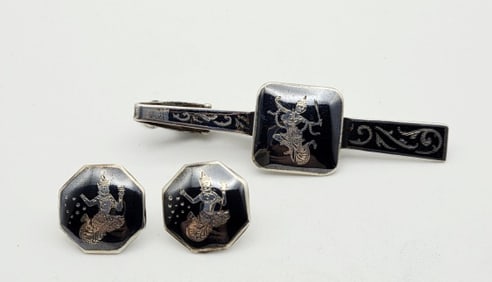 Vintage Sterling Silver Siam Earrings Fur Clip Tie Clip Weighs 9.6 Grams Earrings Weigh 4.4 Grams