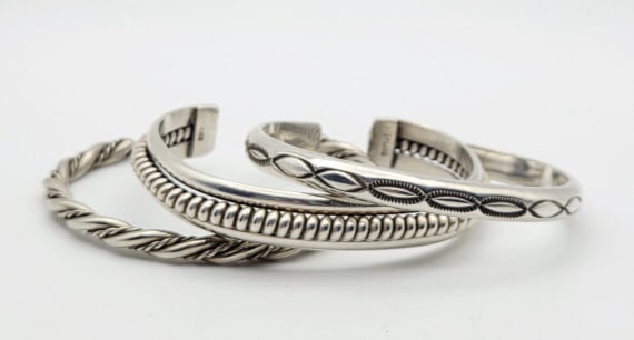 Vintage Sterling Silver Cuff Bracelets Inc Plummer Bracelets All Measure 5": Bracelets All Measure 5" Bracelets Weigh 72.6 Grams Collectively