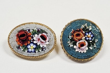 Pair of Vintage Italian Micro Mosaic Brooches Gold Tone Metal