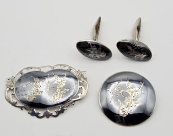 Sterling Silver Siam Brooches and Cuff Links Filigree Brooch Weighs 5.7 Grams