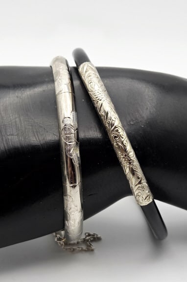 Vintage Sterling Silver Etched Bangles Solid Silver Bangle Measures 5" (1 of 6)