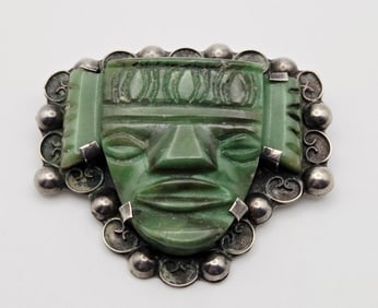 Vintage Sterling Silver Jade Aztec Style Brooch Brooch Weighs 34.3 Grams