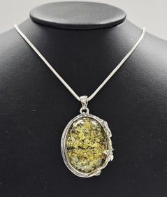 Sterling Silver Green Amber Necklace Necklace weighs 38.1 Grams Measures 19"