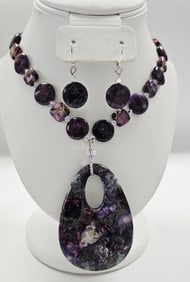 Purple Sea Sediment Jasper & Kunzite Jasper Set Silver tone metal Swarovski Crystal Measures 30"