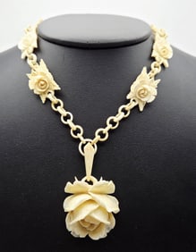 Antique Carved Animal Bone Floral Necklace Necklace Measures 15.75"