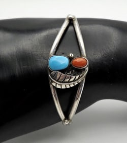 Vintage Sterling Silver Turquoise and Coral Cuff Bracelet Measures 4.5" Bracelet Weighs 9.6 Grams