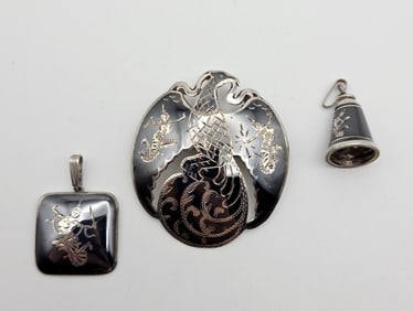 Vintage Siam Sterling Silver Brooch and Pendants Brooch Weighs 6 Grams