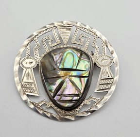 Sterling Silver Abalone Aztec Brooch Brooch Weighs 15.2 Grams