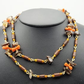 Vintage Abalone Chip and Wooden Bead Necklace Necklace Measures 28" Gold Tone Metal