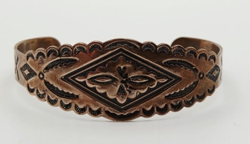 Vintage Solid Copper Stamped Cuff Bracelet Bracelet Measures 5" Bracelet Weighs 15.3 Grams