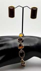 Vintage Trifari Amber Look Earrings & Bracelet Bracelet Measures 7.5"