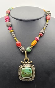 Vintage Tibetan Style Colorful Bead Necklace Necklace Measures 12" Bronze Tone Metal