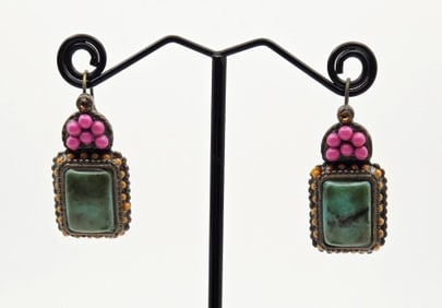 Vintage Tibetan Style Colorful Bead Earrings Bronze Tone Metal