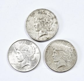 Three 1923 Peace Silver Dollar Coins See images regarding condition.