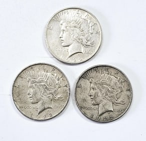 Three 1922 Peace Silver Dollar Coins See images regarding condition.