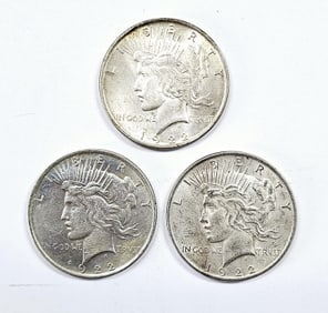 Three 1922 Peace Silver Dollar Coins See images regarding condition.