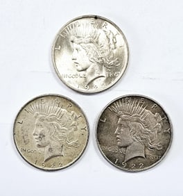 Three 1922 Peace Silver Dollar Coins See images regarding condition.