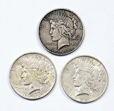 Three 1922 Peace Silver Dollar Coins See images regarding condition. (1 of 2)