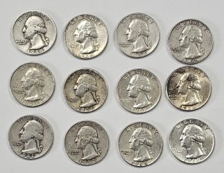 Twelve 90% Silver Quarters Assorted Dates 1941 One