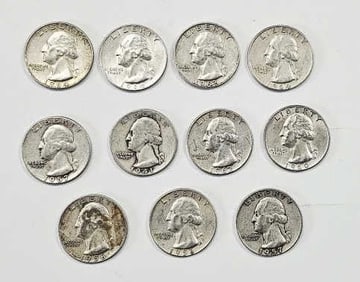 Eleven 90% Silver Quarters Assorted Dates 1941 One