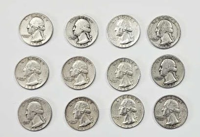 Twelve 90% Silver Quarters Assorted Dates 1943