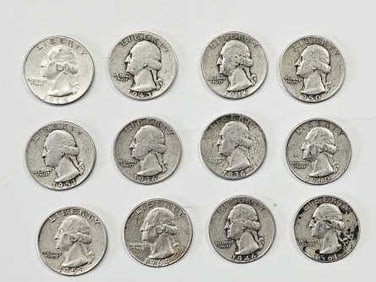 Twelve 90% Silver Quarters Assorted Dates 1936