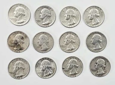 Twelve 90% Silver Quarters Assorted Dates 1935